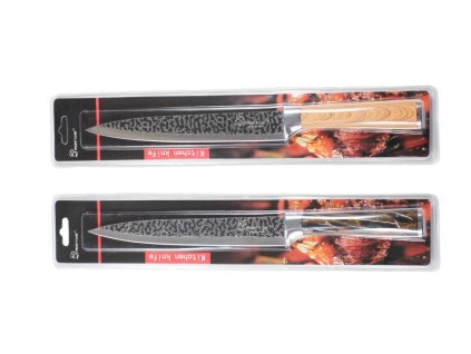 Dao bếp lưỡi đen chuôi gỗ nẹp inox 33x2.7cm trong vỉ nhựa treo