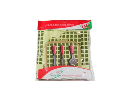 Găng tay bếp bộ 3ks găng tay + miếng lót + tạp dề trong túi bóng kẹp giấy treo (bịch: 12 bộ)