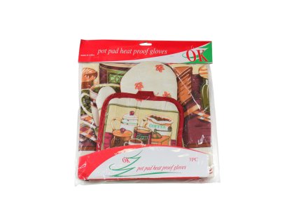 Găng tay bếp bộ 3ks găng tay + miếng lót + tạp dề trong túi bóng kẹp giấy treo (bịch: 12 bộ)