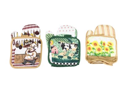 Bộ găng tay bếp + miếng lót xoong trong túi bóng kẹp giấy treo (bịch: 12 bộ)