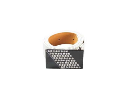 Dây lưng da trắng mặt chữ nhật đen đính đá