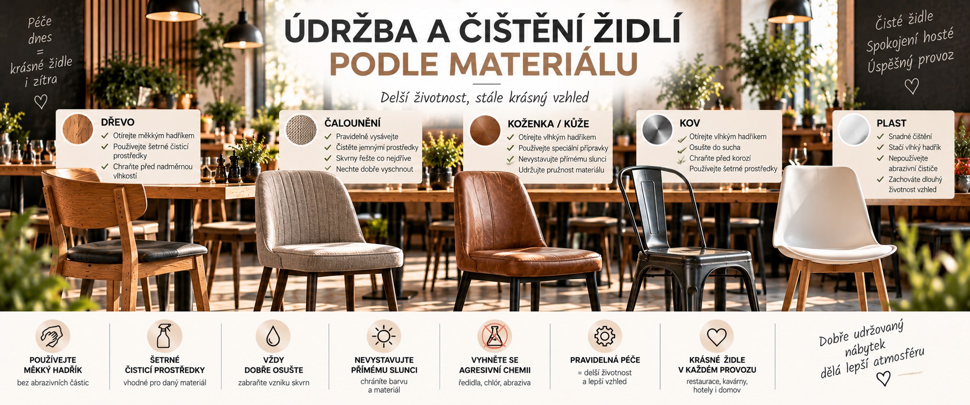 Údržba a čištění židlí podle materiálu
