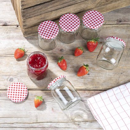 Zavařovací sklenice s červeným kostkovaným víčkem, 540 ml, 6 ks