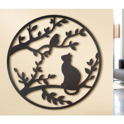 Kovová dekorace Kočka a ptáček