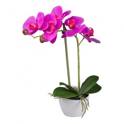 Umělá orchidej v bílém melaminovém květináči, 33 cm, fialová