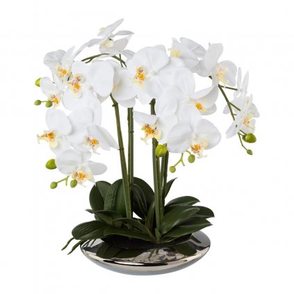 Umělá orchidej v keramické stříbrné misce, 41 cm, bílá