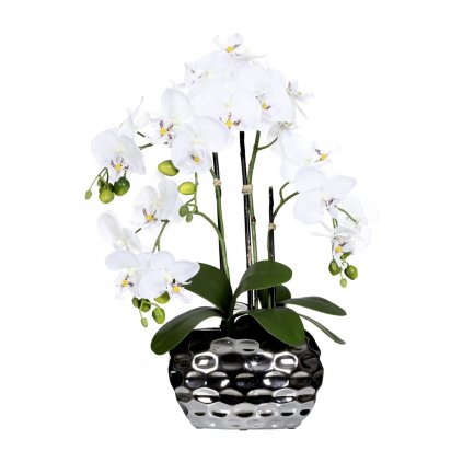 Umělá orchidej v oválné stříbrné váze, 55 cm, bílá