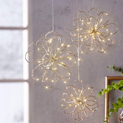 LED závěsná dekorace Zlaté květy, 3 ks