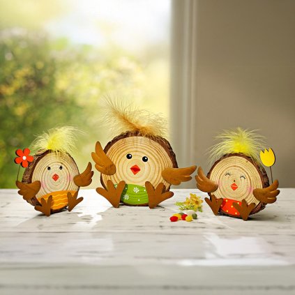 Dřevěné dekorace Kuřátka, sada 3 ks