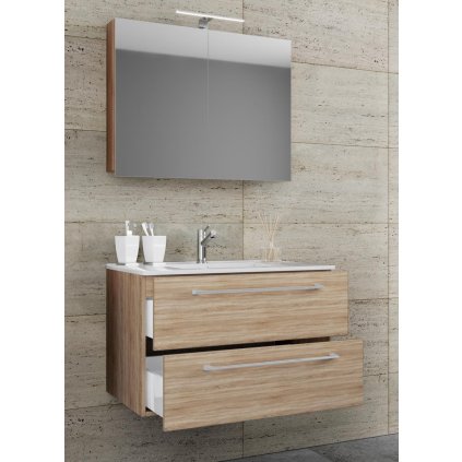 3dílná umyvadlová skříňka Badinos 2 zásuvky 80 cm se zrcadlem, dub Sonoma