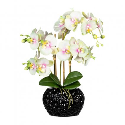 Umělá květina Orchidej v oválné keramické váze 55 cm, krémově zelená