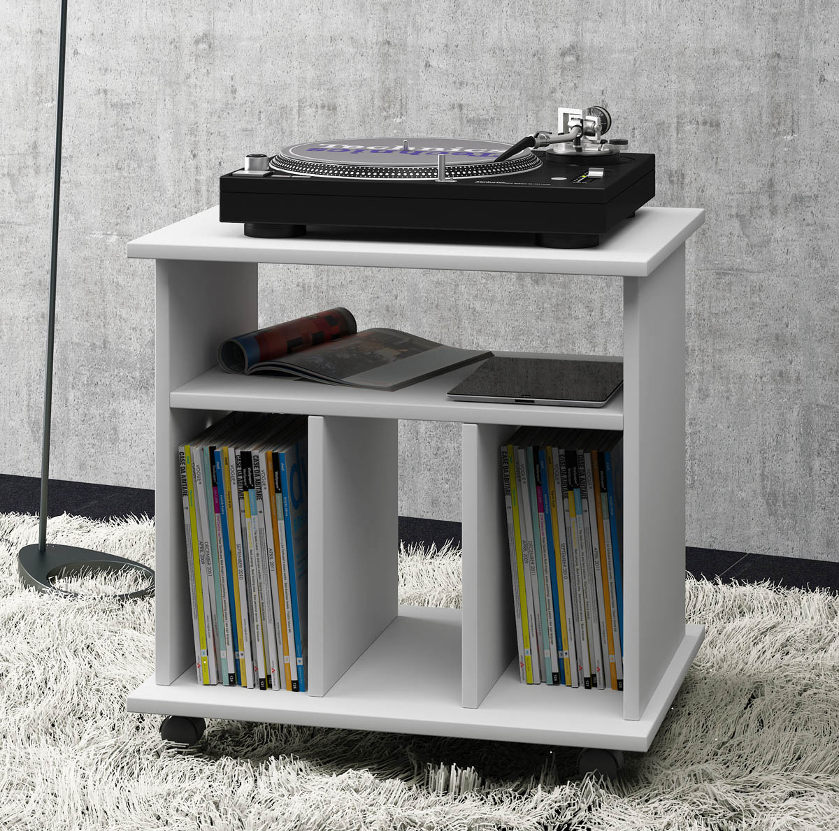 E-shop VCM Pojízdný stolek na gramofon + LP, bílý