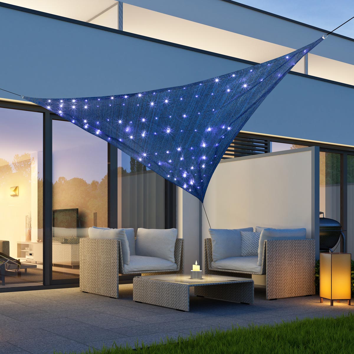 E-shop Haushalt international Stínicí plachta UV 90+ s LED diodami, trojúhelník 3 x 3 x 3 m