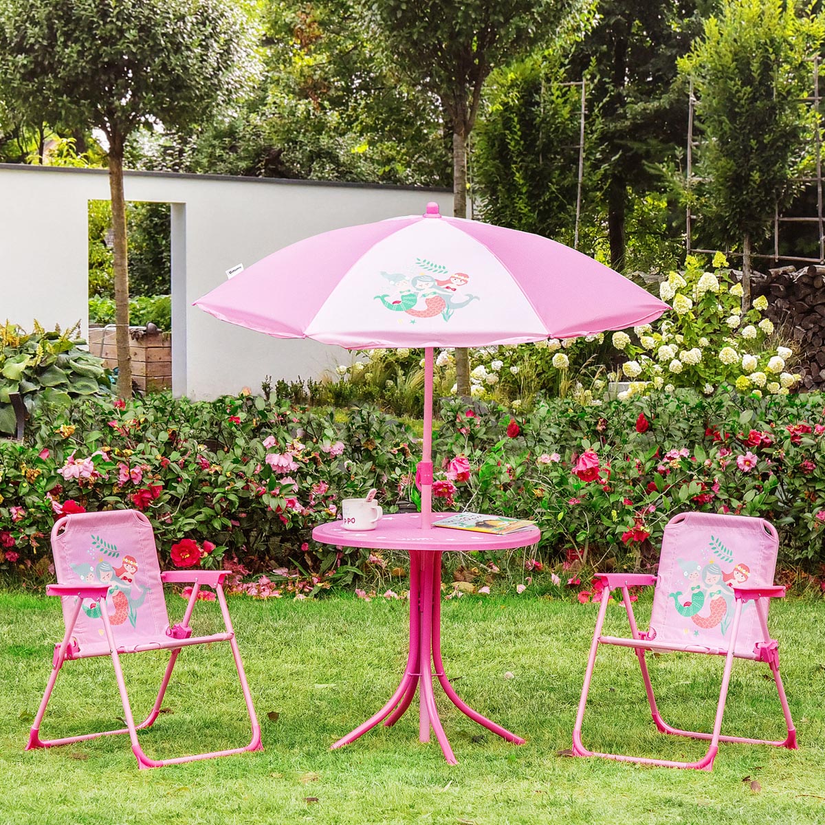 E-shop Outsunny Dětský zahradní nábytek Mořské panny, 4dílná sada, růžový