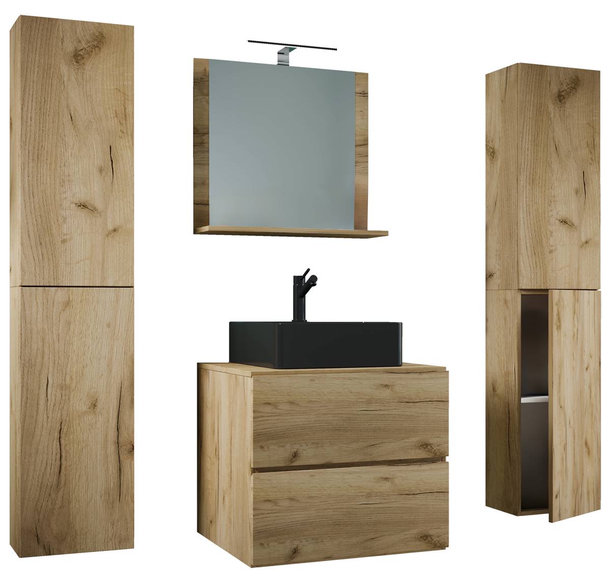 VCM 5dílná umyvadlová skříňka Lendas BL XL 60 cm se zrcadlem a 2 vysokými skříňkami, dub medový