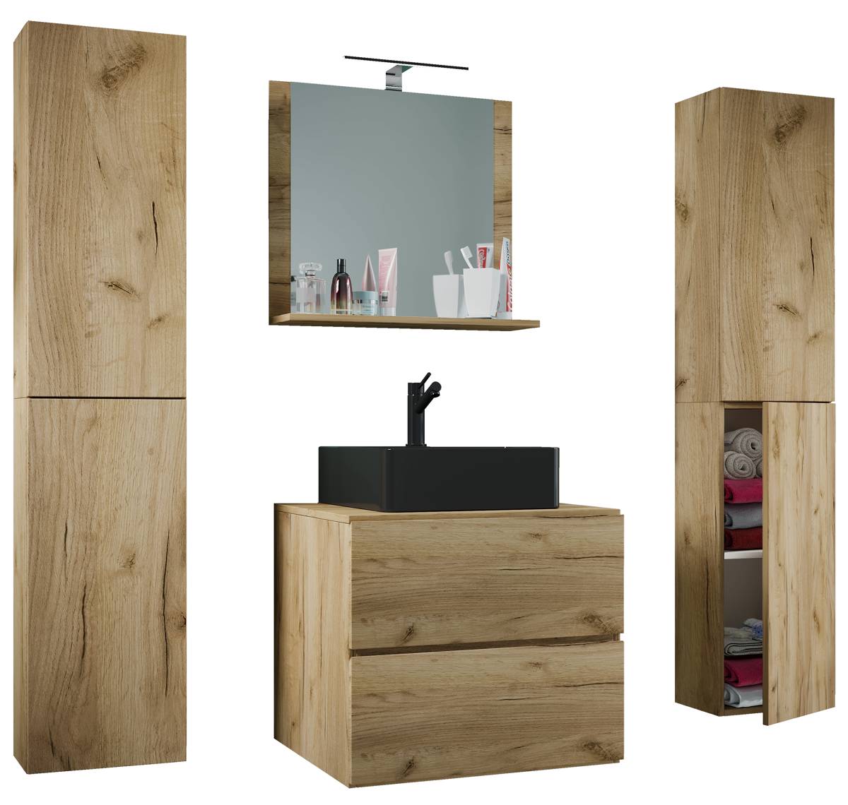 VCM 5dílná umyvadlová skříňka Lendas BL XL 60 cm se zrcadlem a 2 vysokými skříňkami, dub medový
