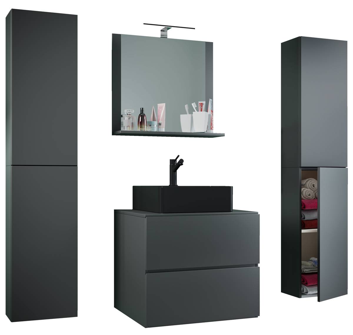 VCM 5dílná umyvadlová skříňka Lendas BL XL 60 cm se zrcadlem a 2 vysokými skříňkami, antracitová