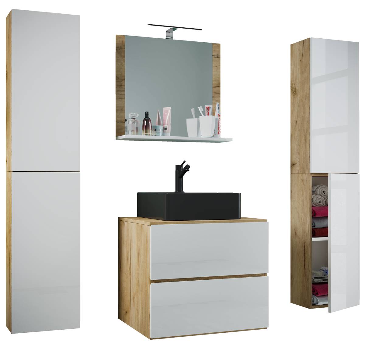 VCM 5dílná umyvadlová skříňka Lendas BL XL 60 cm se zrcadlem a 2 vysokými skříňkami, dub medový