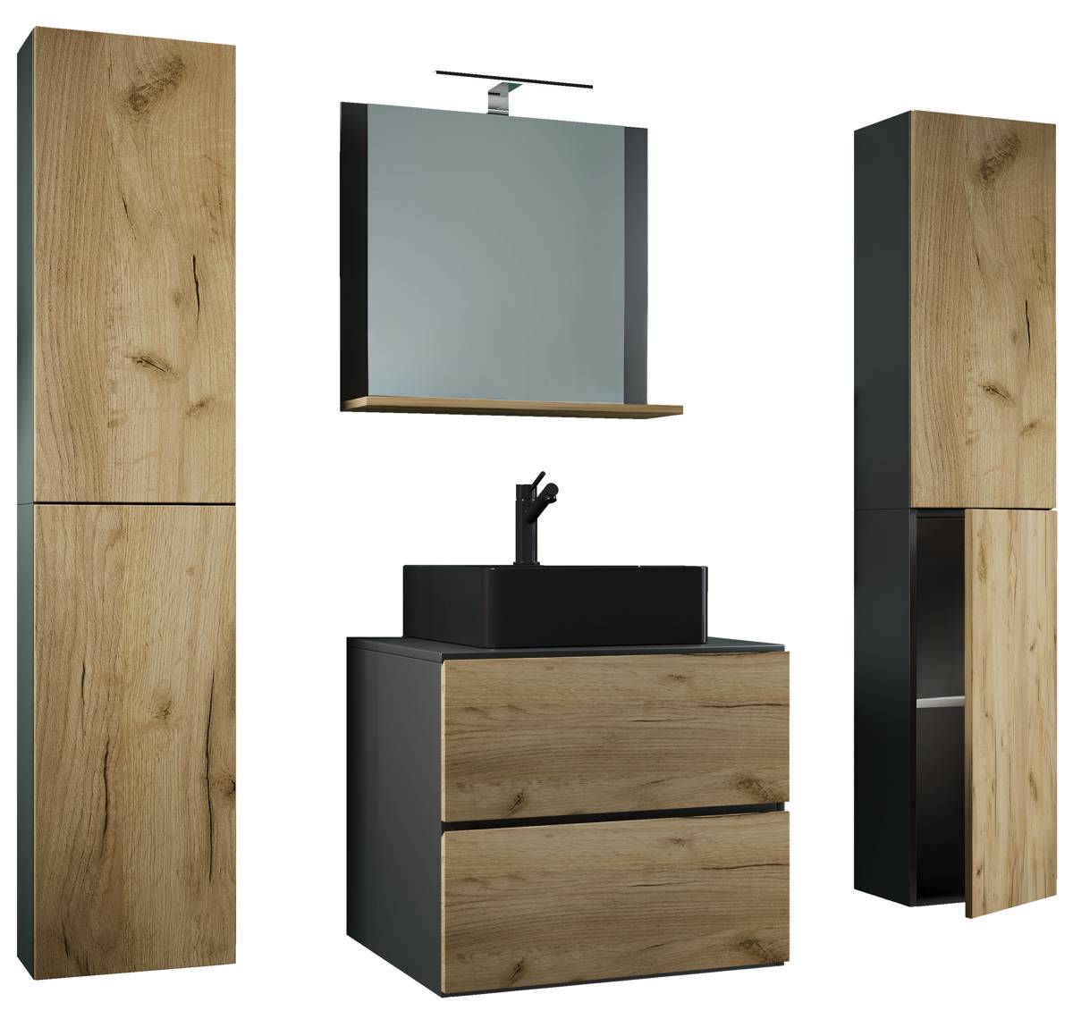 VCM 5dílná umyvadlová skříňka Lendas BL XL 60 cm se zrcadlem a 2 vysokými skříňkami, antracitová