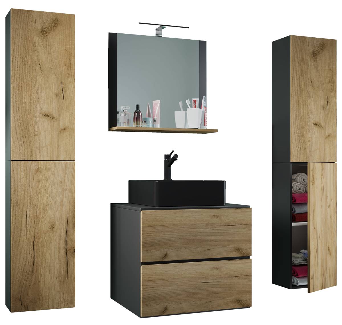 VCM 5dílná umyvadlová skříňka Lendas BL XL 60 cm se zrcadlem a 2 vysokými skříňkami, antracitová