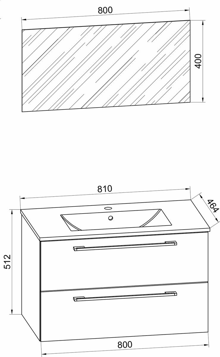 VCM 3dílná umyvadlová skříňka Badinos 2 zásuvky 80 cm se zrcadlem, dub sonoma