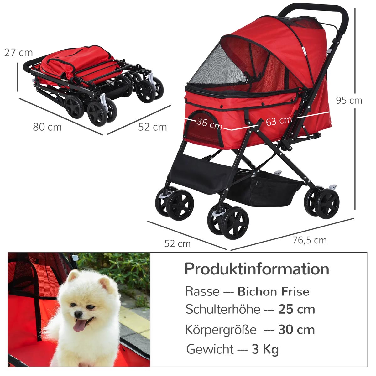 PawHut Kočárek pro psy do 10 kg a 43 cm, červený