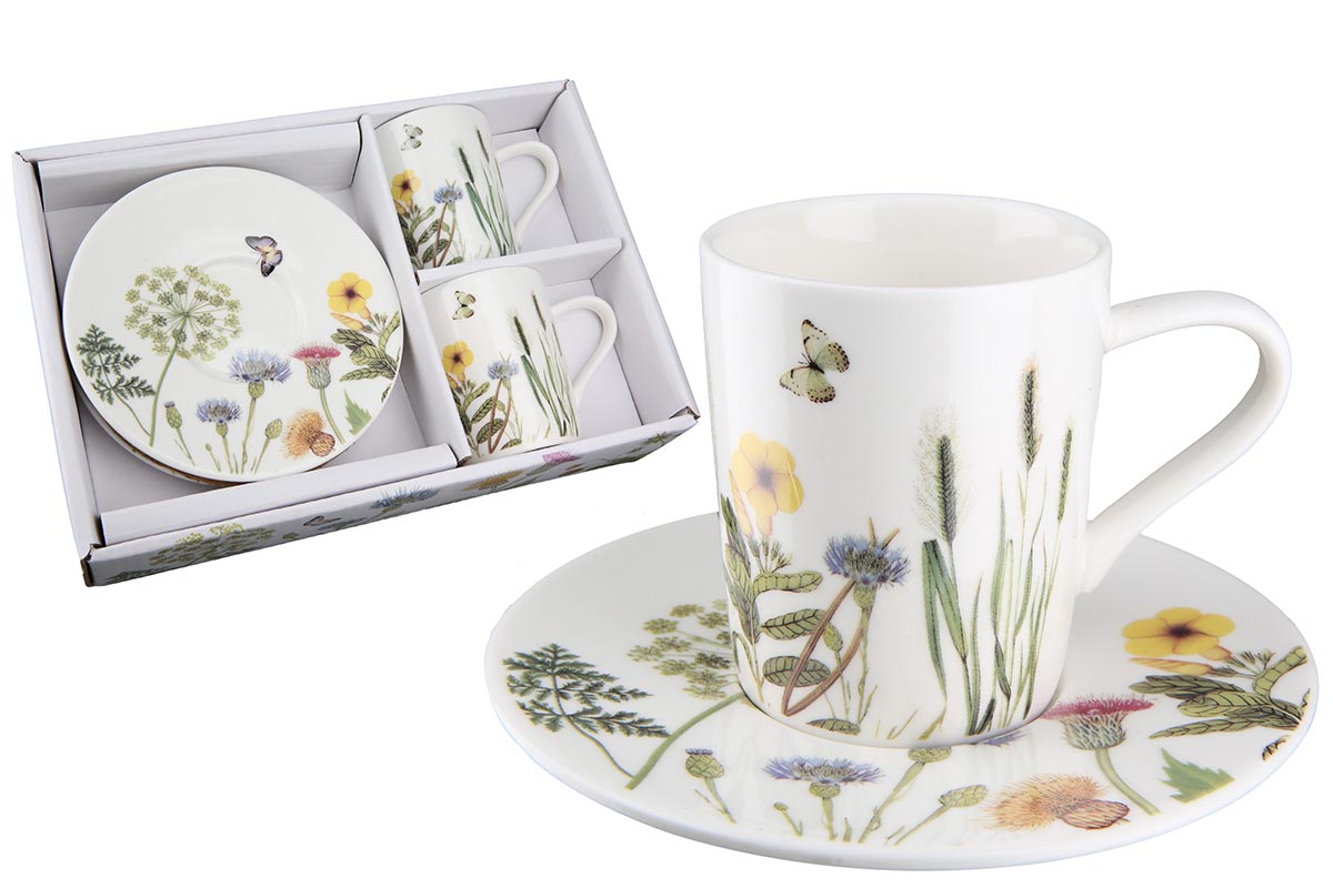 Gilde Porcelánové šálky na espresso s podšálky Divoké květy, sada 4 ks
