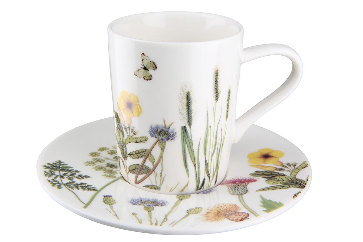Gilde Porcelánové šálky na espresso s podšálky Divoké květy, sada 4 ks