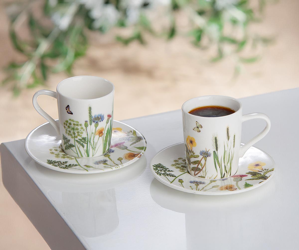 Gilde Porcelánové šálky na espresso s podšálky Divoké květy, sada 4 ks