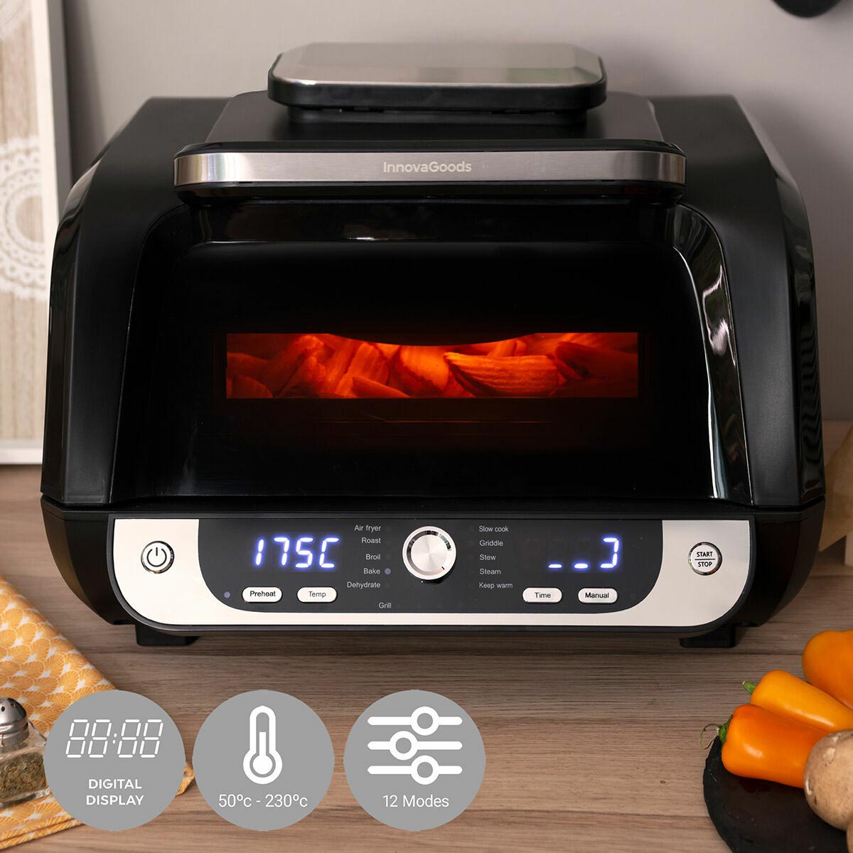 InnovaGoods Horkovzdušná fritéza s grilem, příslušenstvím a knihou receptů  Fryinn 12-v-1 6000 Černá ocel 3400 W 6 l