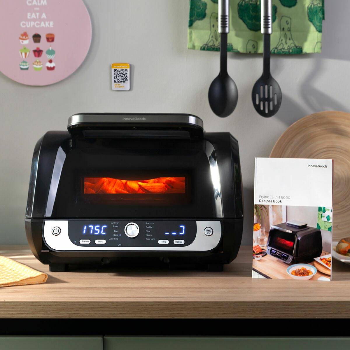 InnovaGoods Horkovzdušná fritéza s grilem, příslušenstvím a knihou receptů  Fryinn 12-v-1 6000 Černá ocel 3400 W 6 l