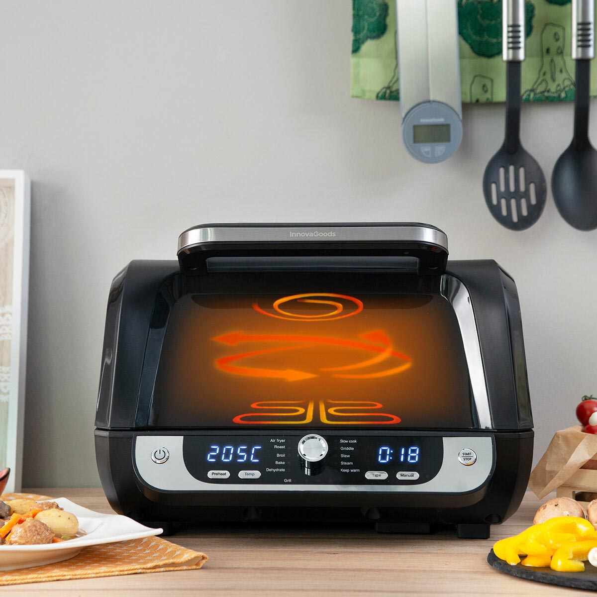 InnovaGoods Horkovzdušná fritéza s grilem, příslušenstvím a knihou receptů  Fryinn 12-v-1 6000 Černá ocel 3400 W 6 l