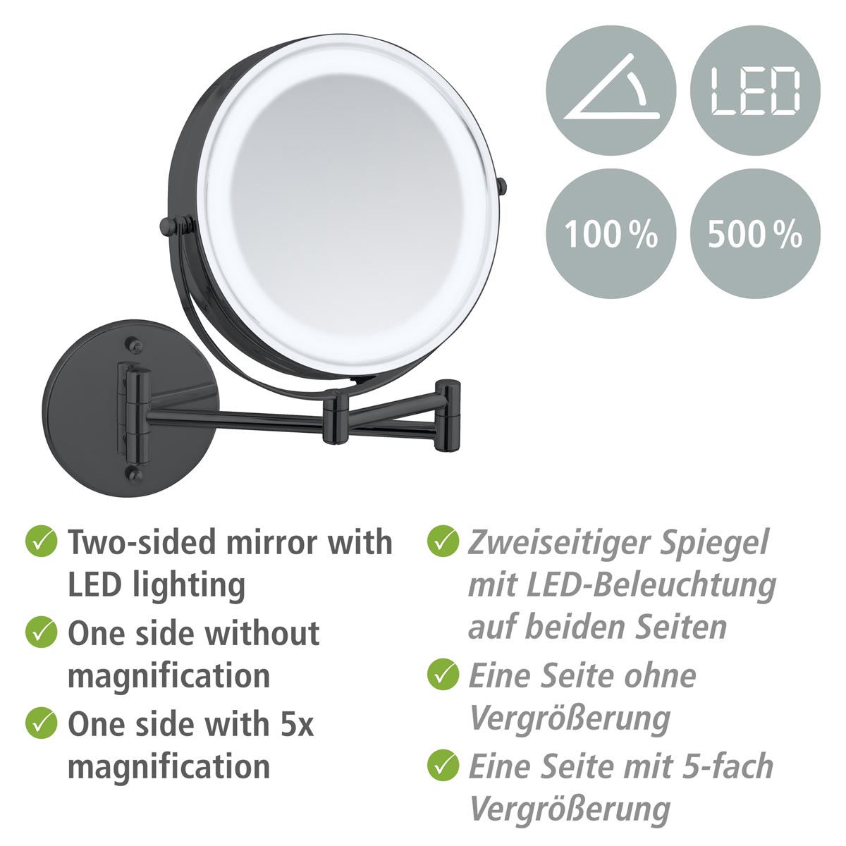 WENKO Power-Loc® LED Kosmetické zrcadlo Lumi, černé