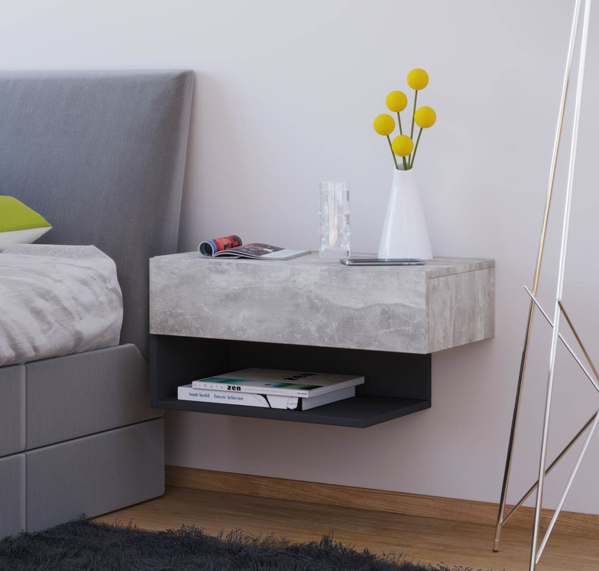E-shop VCM Nástěnný noční stolek Dormal Maxi, beton a černá