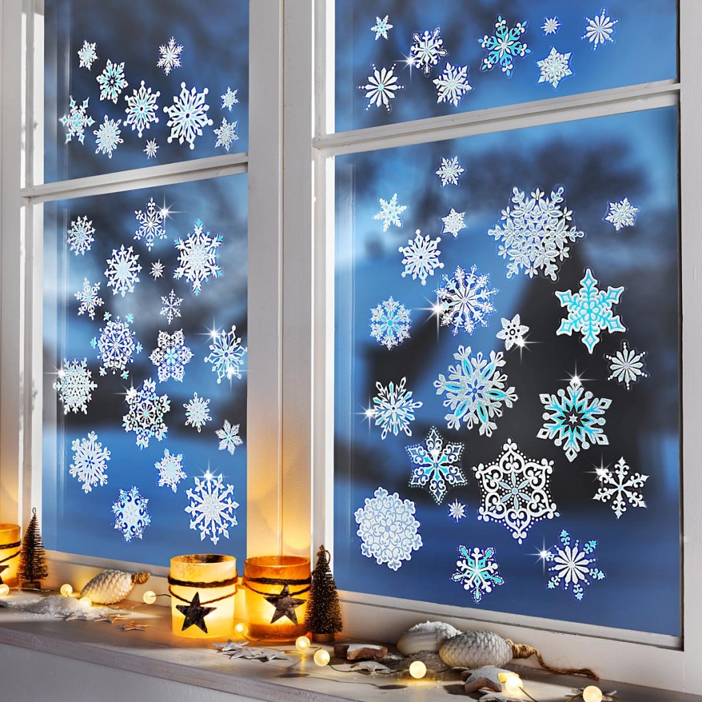 Samolepky na okno Modré snehové vločky, súprava 57 ks - Velký Košík