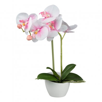 Orchidea v bielom melamínovom kvetináči, 33 cm, ružová
