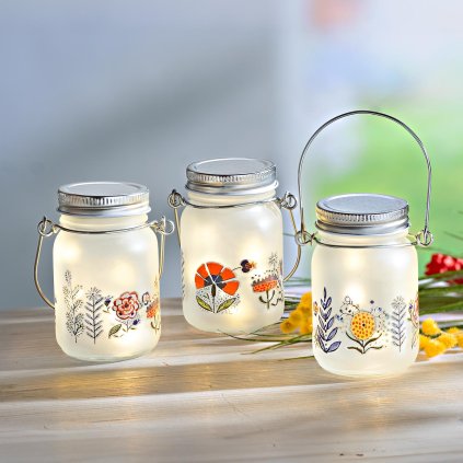 LED mini sklenený lampáš Meadow Flowers, 3 ks
