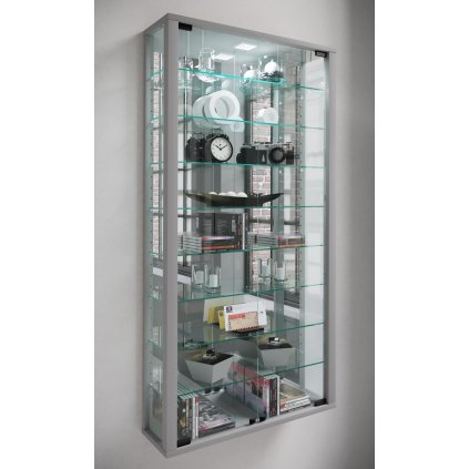 Nástenná vitrína Vitrosa Maxi so zrkadlom vrátane LED osvetlenia, strieborná