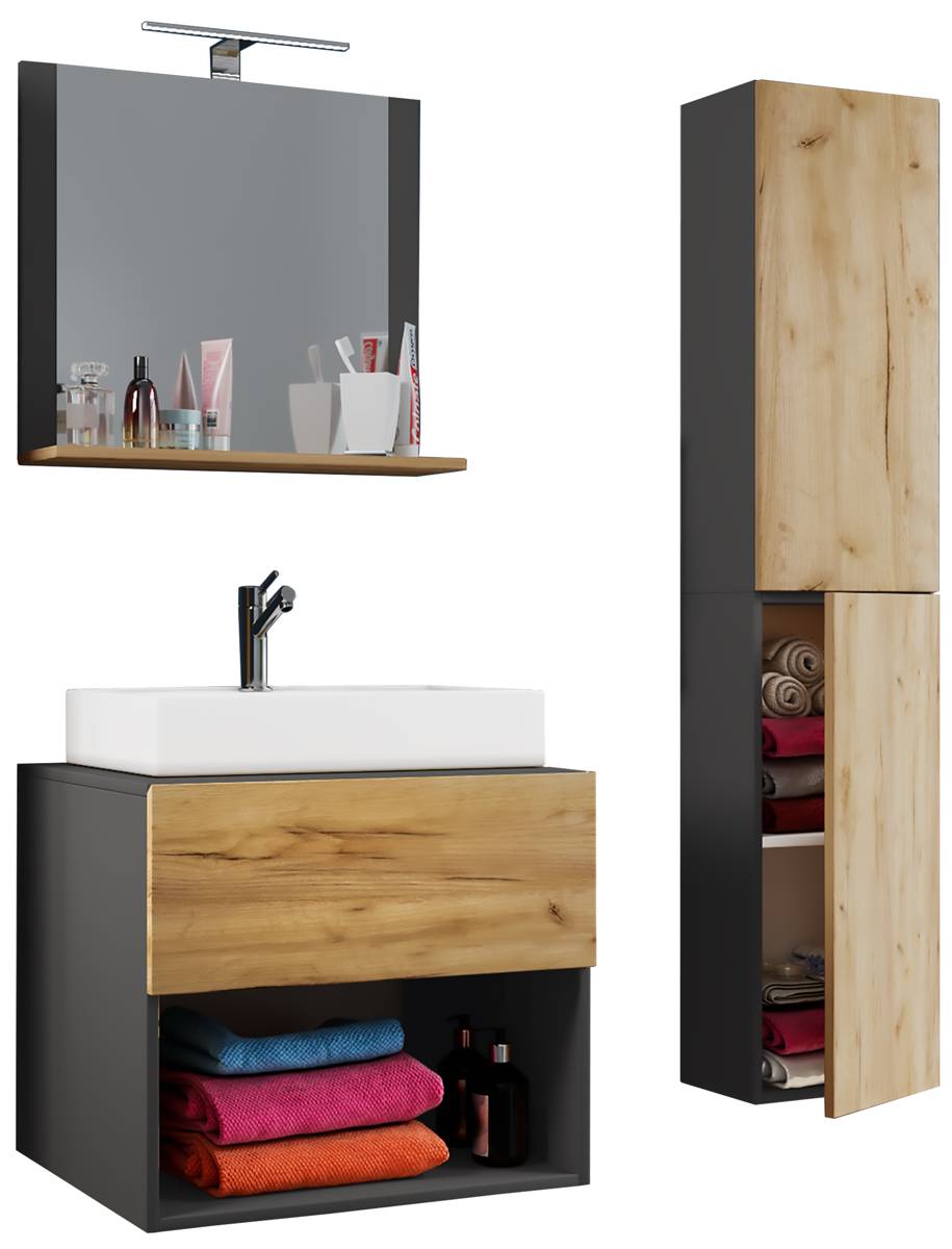 E-shop 4-dielna umývadlová skrinka Lendas II 60 cm vrátane zrkadla a vysokej skrinky, antracit