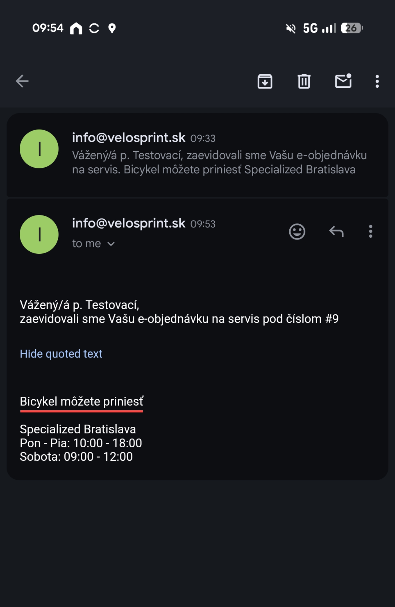 Potvrdenie online registrácie na servis bicykla