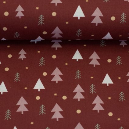 Bavlněná látka vánoční Björn stromky vínová