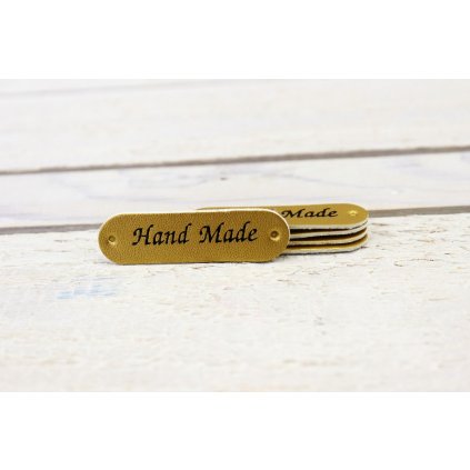 Hand Made, oválná koženková cedulka zlatá