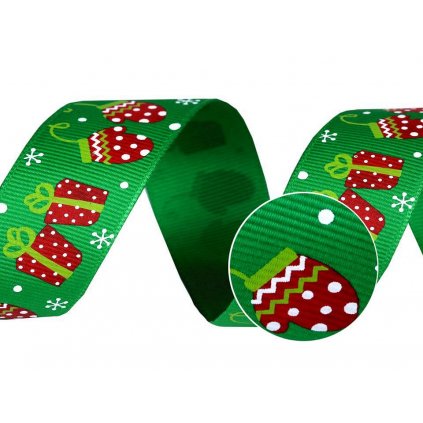 Vánoční rypsová stuha 25 mm zelená s dárky