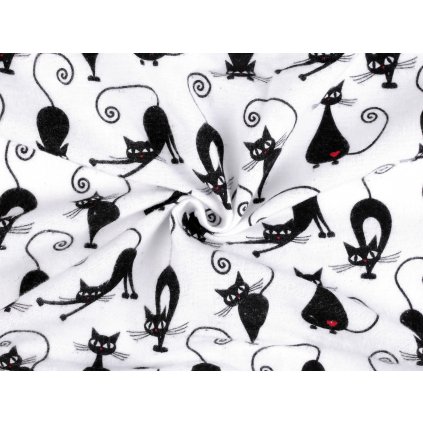 Bavlněný flanel černé kočky na bílé