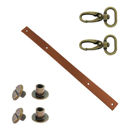 Sada kožený popruh 22 cm š. 2 cm hnědý s karabinou staromosaz