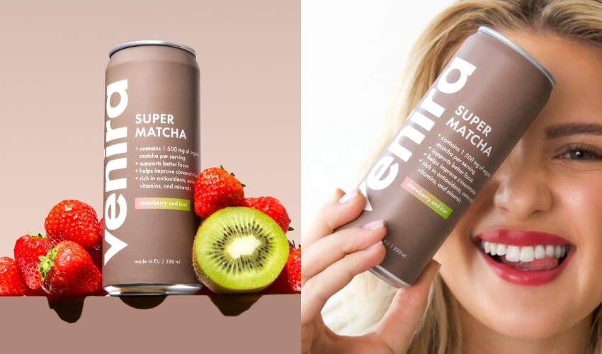 Matcha v plechovce – Super matcha drink VENIRA jahoda a kiwi