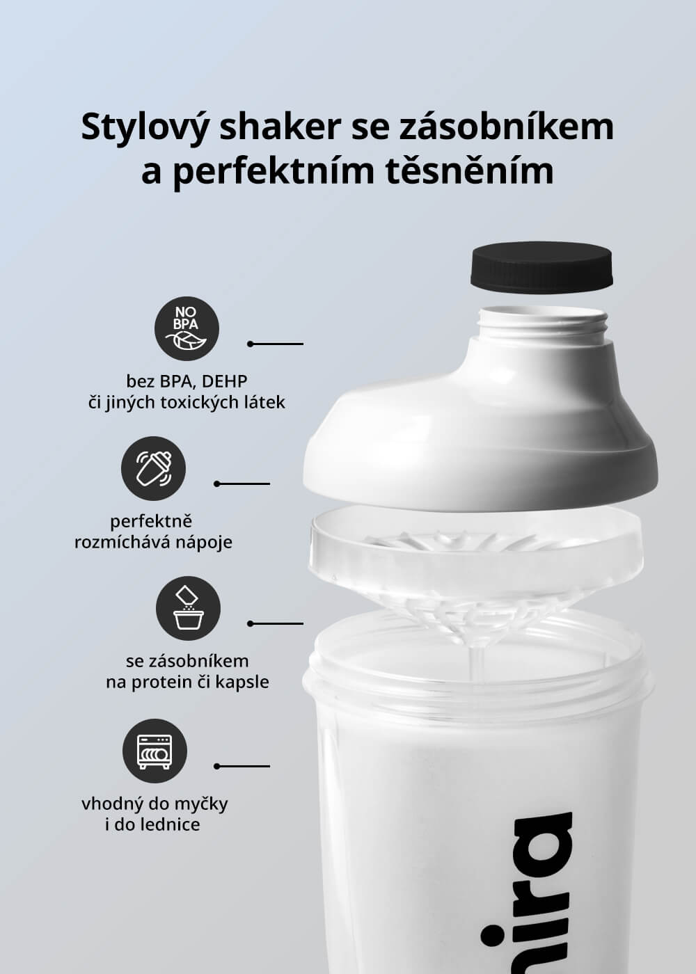 VENIRA shaker se zásobníkem, bílo-černý, 500 ml + 150 ml