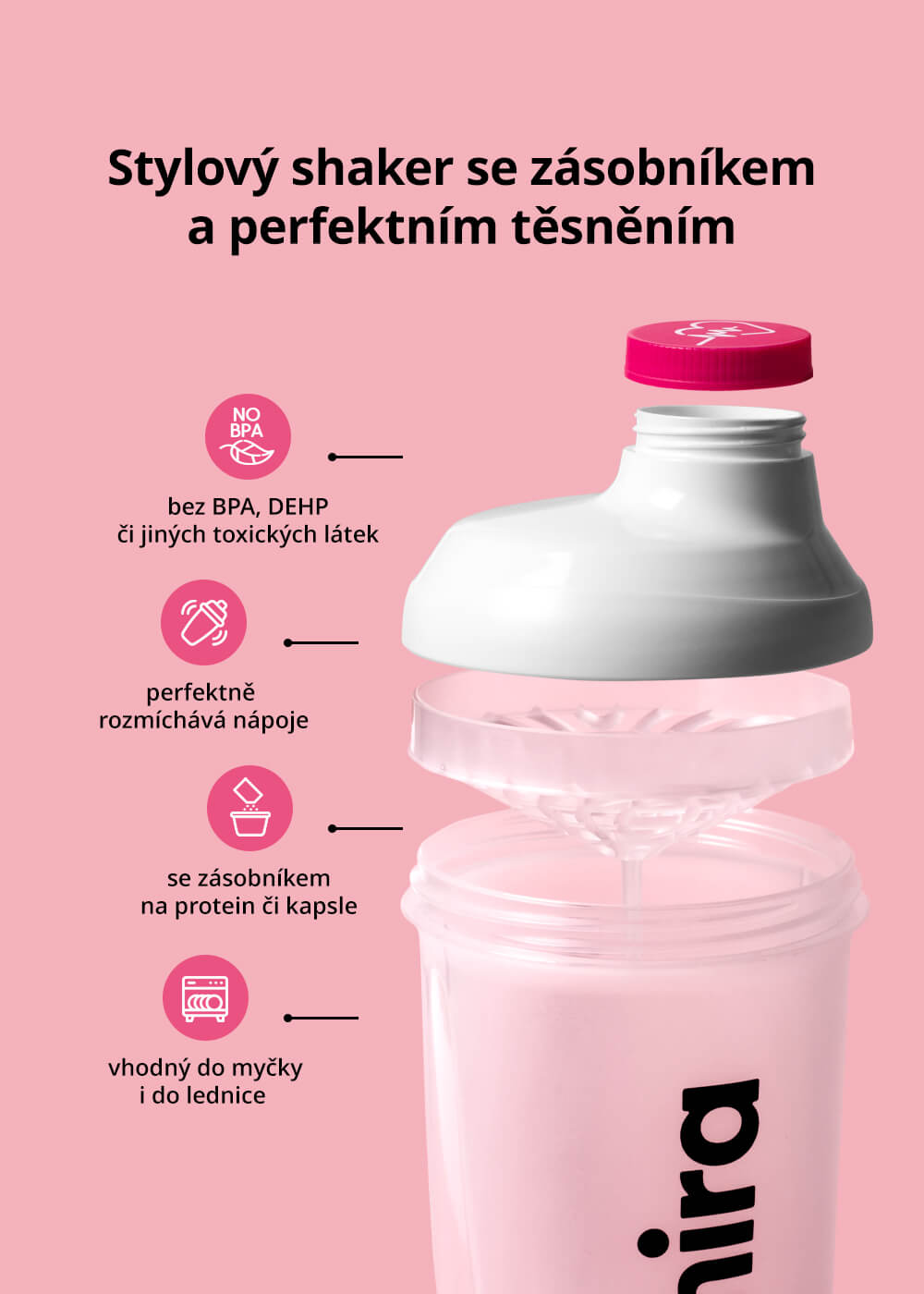 VENIRA shaker se zásobníkem, bílo-růžový, 500 ml + 150 ml