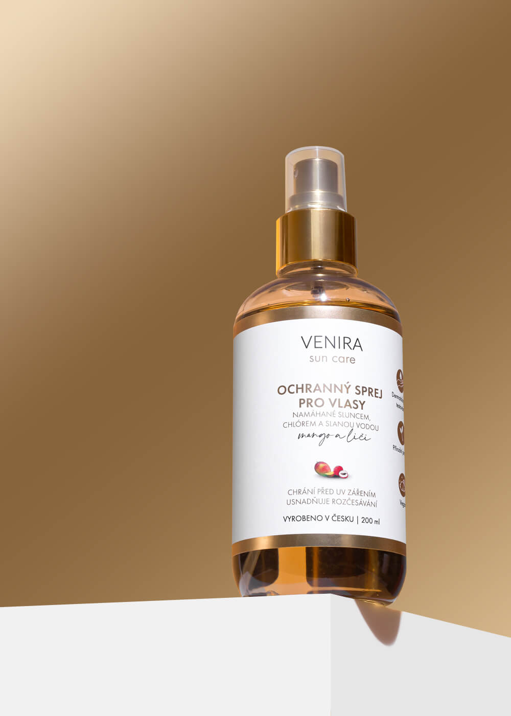 VENIRA ochranný sprej pro vlasy namáhané sluncem, chlórem a slanou vodou, 200 ml, mango-liči