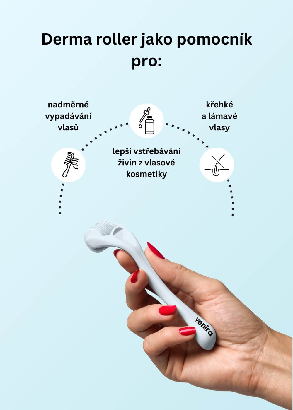 VENIRA derma roller na vlasy, mikrojehličkový aplikátor na vlasovou pokožku, 0,25 mm